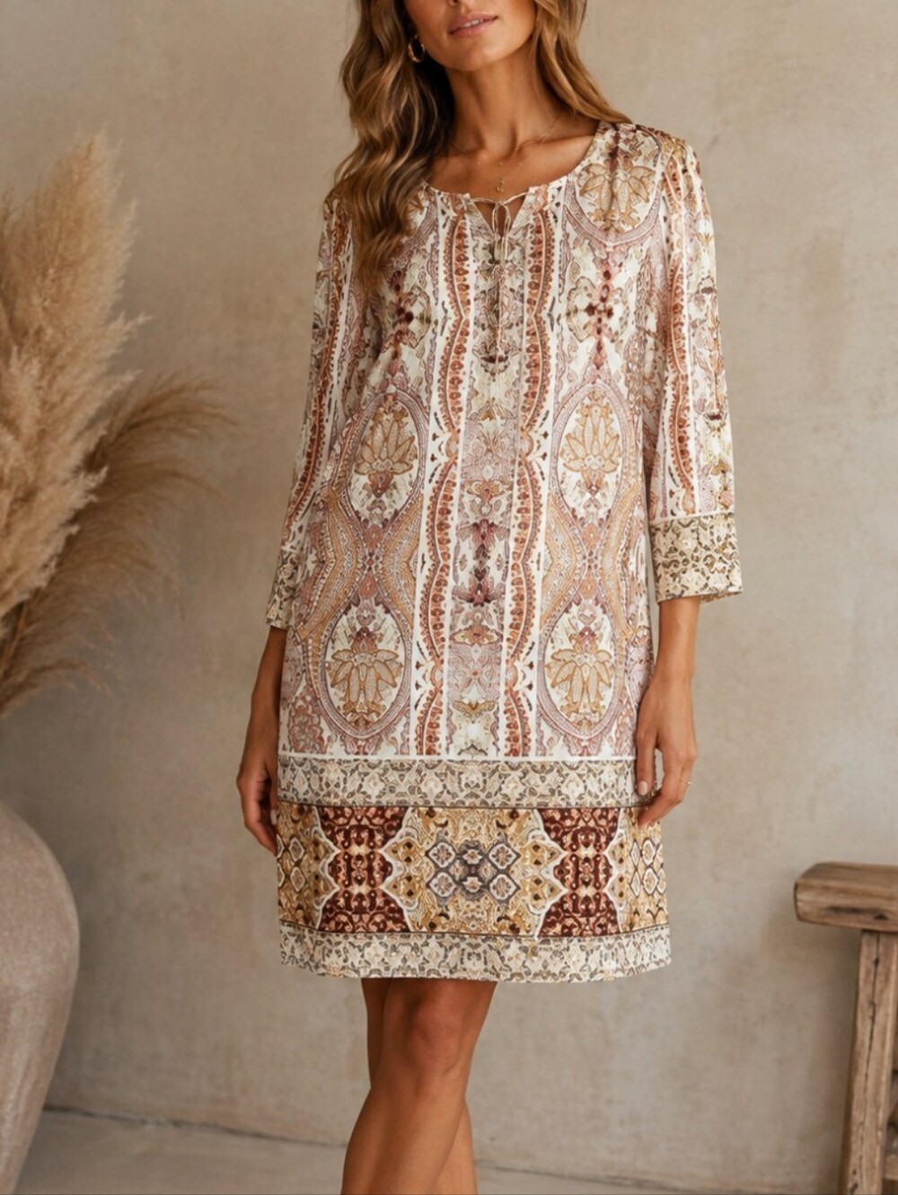 Chicos Ornate Crest Pink Floral Nuetral Shift Pattern Lace Up Tan Dress 0